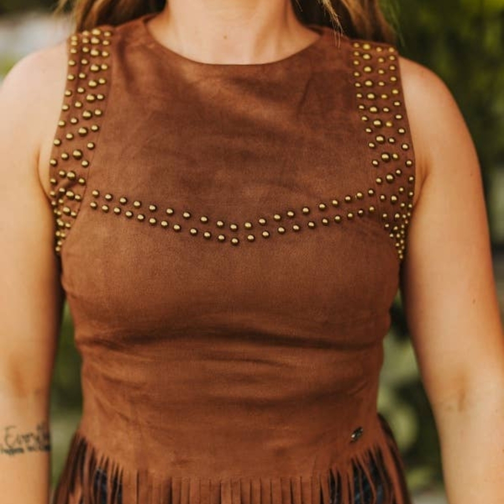 L&B Brown Studded Fringe Tank Top